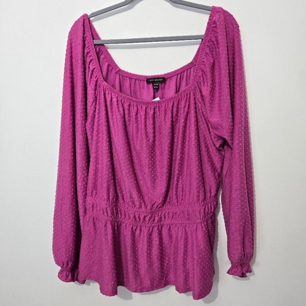 NWT Lane Bryant Purple Square Neck Blouse Sz 18/20 Long Slv Elastic Waist Peplum